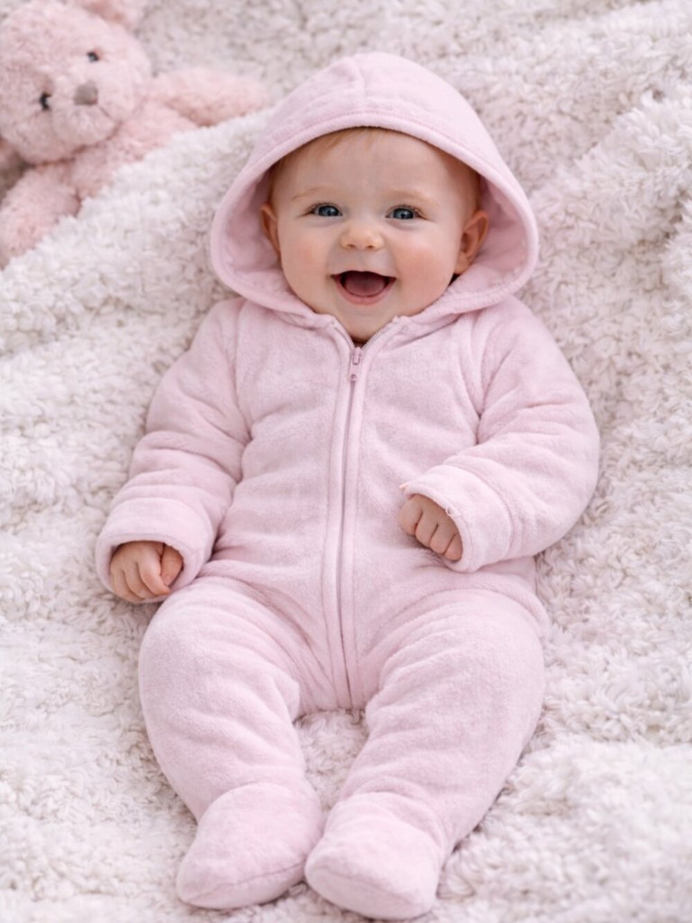 NWOT Baby Pink Hooded Fleece Footed Onesie 3-6M Cozy Zip-Up